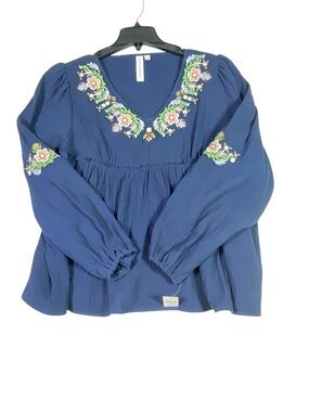 Grace + Karma Boho Peasant Blouse Women's L Navy Blue Floral Embroidered NWT